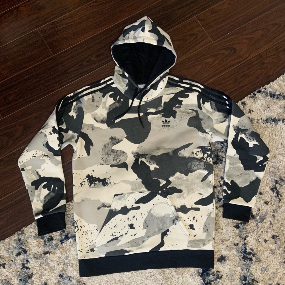 Men’s Medium adidas Originals Fleece Hooded Pullover Sweatshirt White Camo